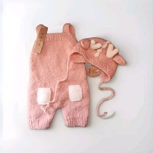 Take Me Home Outfit ..Pink Knit Deer Hat Romper Newborn Baby Girl Pink Newborn